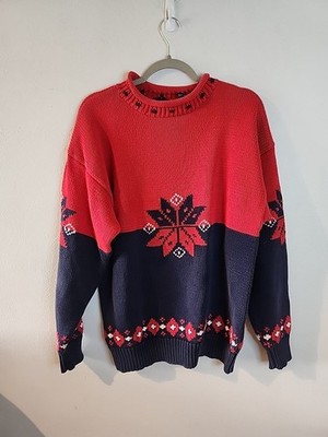 Vintage Gap Sweater Mens Medium Red Blue Fair Isle Snowflake Roll Neck Fisherman