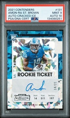 2021 Contenders Amon-Ra St. Brown Cracked Ice Auto 14/21 JSY # PSA 9 Auto 10 RC