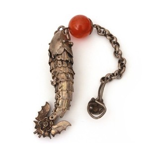 Antique Chinese Belt Hook Articulated Koi Fish Pendant, Waist Belt Hook Carp