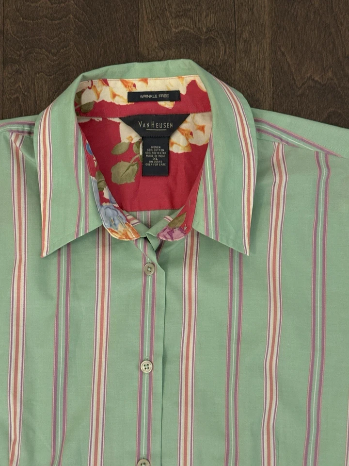 Camisa Van Heusen feminina XL listrada verde sem rugas botão para cima punho flip floral - Imagem 3 de 4