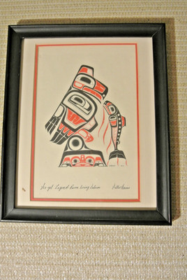 Walter Harris NW Native Art Print 1974 Raven Luring Salmon KSAN Design Framed