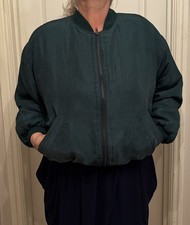 Vintage Pure Silk Bomber Jacket Lightly Padded Shoulder Pads Bottle Green Size S