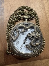 Pocket Watch Quartz Dragon Brass Mystical Asian Necklace Gift Classy Retro