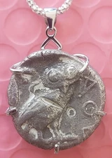 Owl of Goddess Athena Genuine Ancient Tetradrachm Coin Silver Necklace with COA 