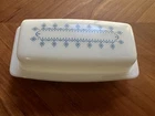 Vintage Glass Pyrex Snowflake Garland Butter Dish in White & Blue