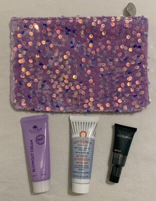 IPSY Glam Bag Purple Sequins W/3 Trial Size-Blowout Cream/Cleanser/Eye Cream NEW