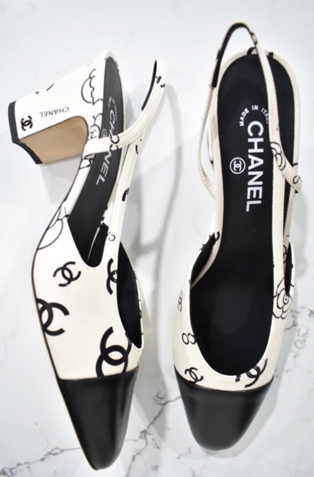 Chanel 23P Mademoisele Coco Sling White Black CC Logo Slingback
