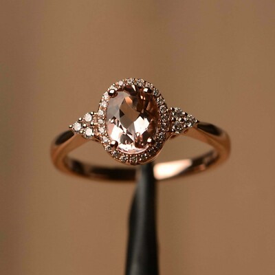3 kt Ovalschliff Morganit Diamant Halo Verlobungsring Ehering 14 K Rotgold Ob...