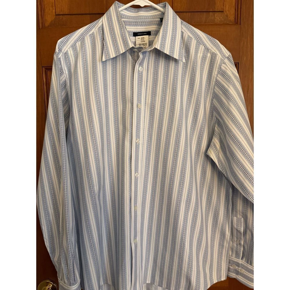 Camisa de vestir clásica Versace para hombre 17,5/44 azul 100 % algodón manga larga texturizada Foto 3 de 4