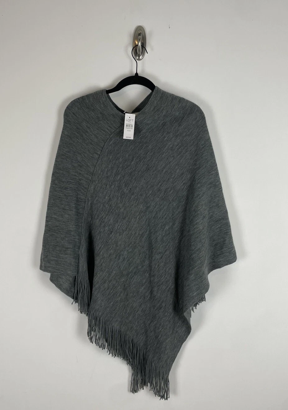 Nwt LOFT Fringe Poncho Sweater One Size Gray Lightweight Asymmetrical