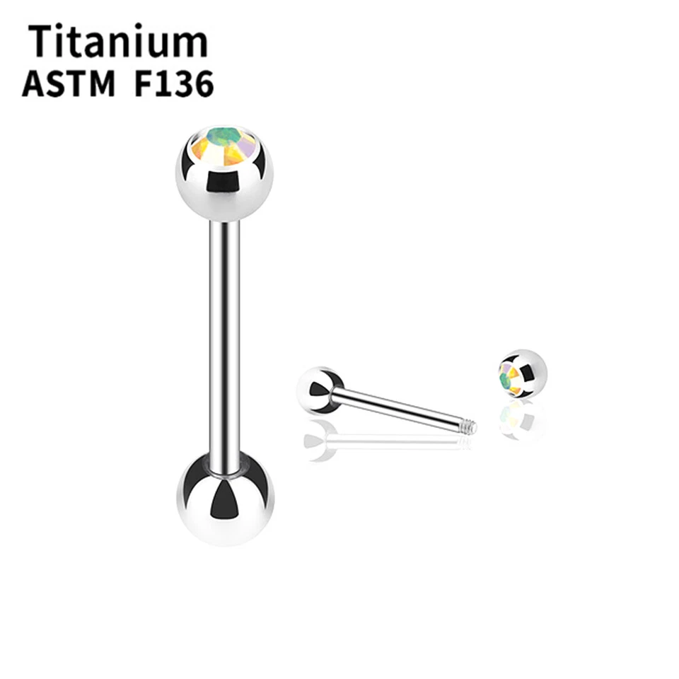 2X F136 Titanium Crystal Tongue Ring 16/19/22mm Bar Barbell Nipple Ring Piercing - Image 4 of 4