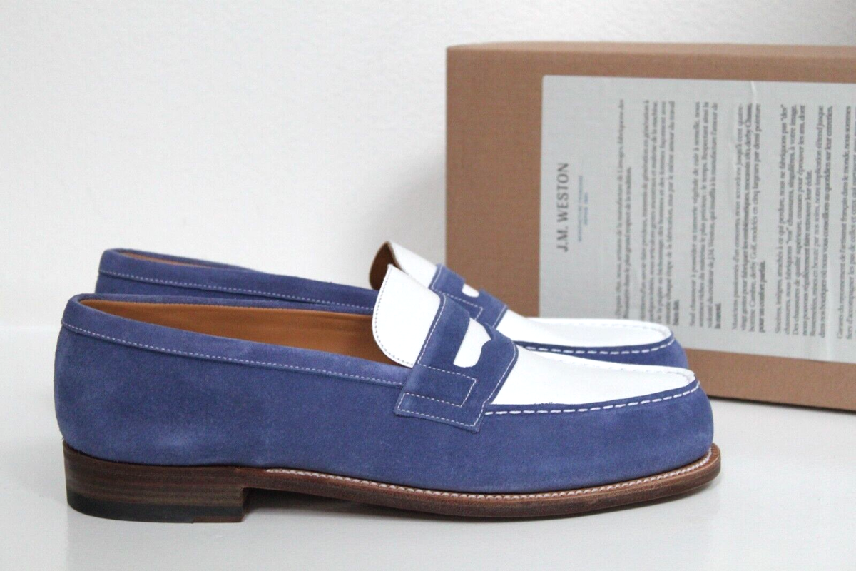 sz 9.5 US / 8.5 UK JM WESTON White Leather Blue Suede 180 Penny