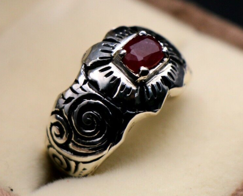 Ruby Men Ring 925 Sterling Silver Bold Statement Piece Dark Red Stone Vintage - Picture 2 of 6