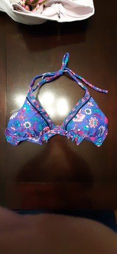 NWOT Xhilaration Women's Ruffle Triangle Bikini Swimsuit Top Blue Floral Large - 第 1/2 張圖片