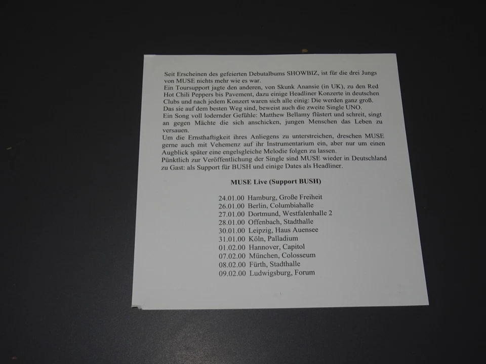 MUSE - UNO / 4 TRACK PROMO-MAXI-CD 1999 (MINT-) & PROMO-SHEET - Bild 3 von 4