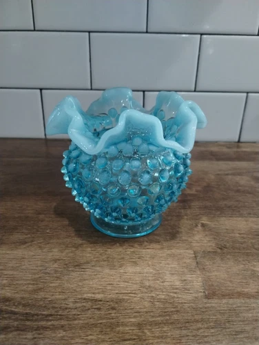Fenton Blue Opalescent Hobnail Vase Rose Bowl 4 1/4” Ruffled Edge Vintage