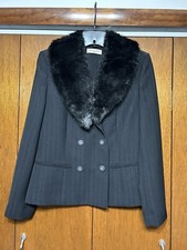 Vntg Amanda Smith Black Double Breasted Blazer Faux Fur Detachable Collar Sz 6