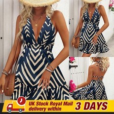 Womens Deep V Neck Halter Mini Dress Summer Sleeveless Backelss Beach Sundress