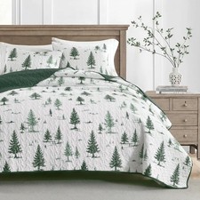 Green Quilt Set King Size 3 Pieces, Reversible Fine Printed Bedspreads with F...