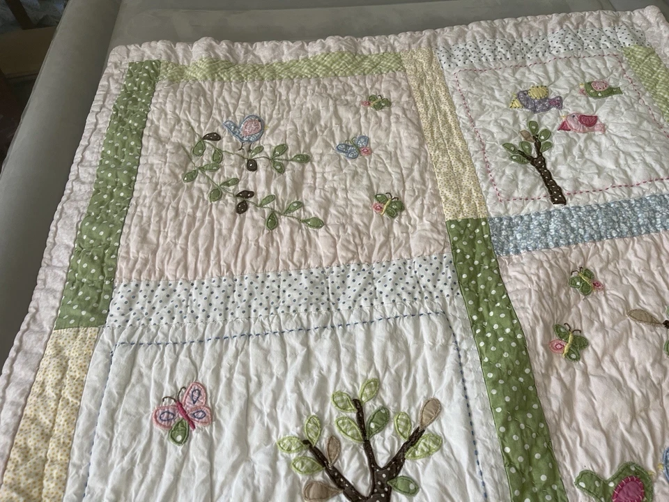 Pottery Barn Kids Hayley Owl Crib Quilt Butterflies Bird Trees Pink White Green  - Image 3 of 4
