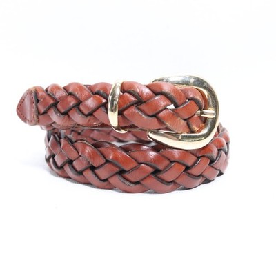 GH Bass Braided Belt Women L Brown Leather Plaited Brass Buckle Keep