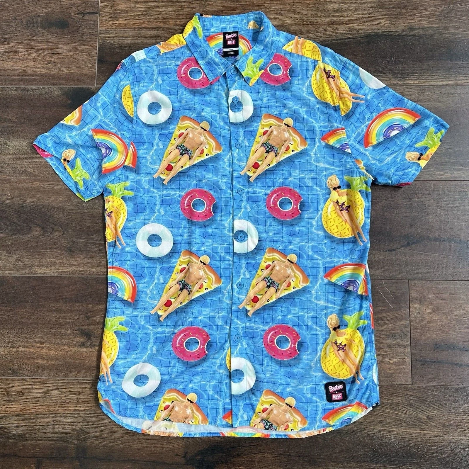 Neff X Barbie Hawaiian Shirt Men’s Size Large Blue Ken Donuts Pizza Rainbows
Opens in a new window o