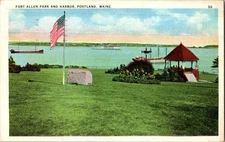 Vintage Fort Allen Park & Harbor Portland Maine Postcard 1937