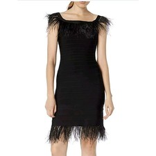 Elliatt Womens Dress Off Shoulder Feather Trim Bodycon Dress Small Black