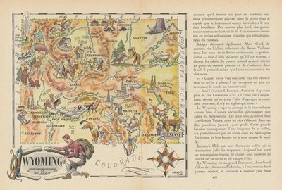 Wyoming kleine Staatskarte von Jacques Liozu 1946 alte Vintage Plankarte