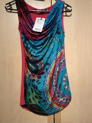DESIGUAL Wasserfallausschnitt Top/Shirt blau-pink-bunt Gr. XS-S  NEU mit Etikett