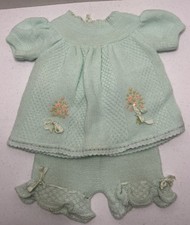 Vintage Knit Baby Doll Mint Green Outfit Dress Bloomers Embroidered Flowers