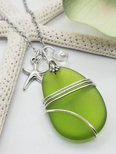 Sea Glass Necklace w/ Lime Green Pendant Silver Wire Wrapped, Handcrafted