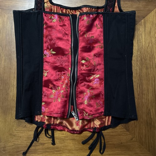 Vintage Tripp Korsett Y2K rot schwarz Blumen Grunge Punk Reißverschluss hinten Top Damen Large - Bild 10 von 14
