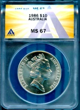 1986 $10 Silver South Australia MS 67 ANACS # 7874614 + Bonus