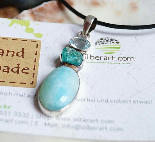 Groß Kettenanhänger Multistone Schlicht Design Silber Larimar Apatit Topas Blau - Bild 3 von 7