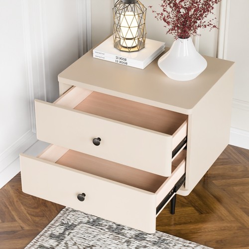 Mesita de noche de madera maciza con doble cajón color champán fácil de instalar - Imagen 3 de 11