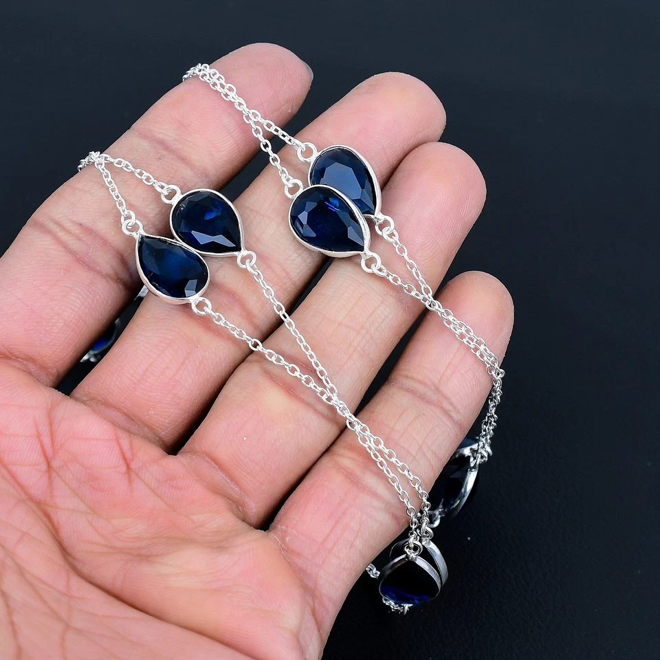 Collar de joyería hecha a mano de piedras preciosas de pera de plata esterlina 925 de iolita 36" VJ 268 Foto 4 de 4