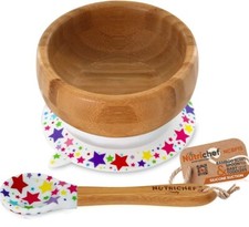 Nutrichef Stars Bamboo Bowl with Silicone Suction Spoon for Baby Toddlers