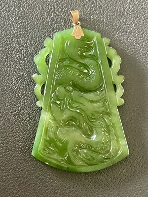 14k Yellow Gold Green Nephrite Jade Dragon/Phoenix Pendant
