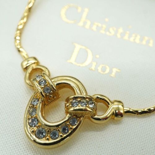 Christian Dior Rhinestone Ring Logo Pendant Gold Necklace Women's W/Box Used - Afbeelding 1 van 7