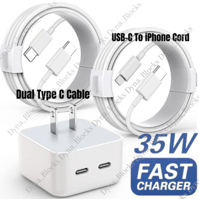 Dual USB-C Fast Charger PD 35W Power Block Type C Cable For iPhone iPad Samsung