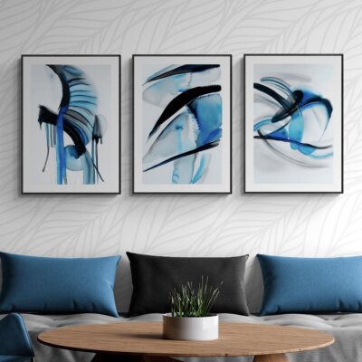 Abstract Emerald Blue Wall Art Set of 3 Watercolor Paintings Modern Paper Poster