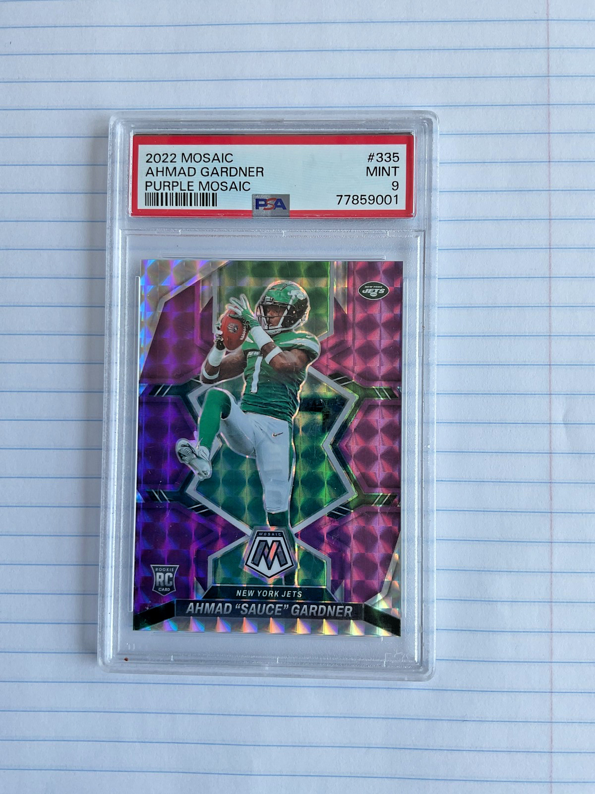 2022 AHMAD SAUCE GARDNER PANINI MOSAIC PURPLE /49 PSA 9 JETS #335 ROOKIE