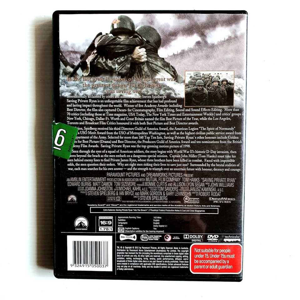 Saving Private Ryan DVD 1998 War WWII 2 D-Day Action, Tom Hanks, Region 4 - Image 2 of 4
