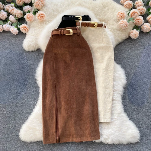 Women Midi Corduroy Skirt A-line Pencil Side Slit with Belt Retro Casual Dress - Bild 2 von 21