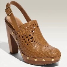 Tory Burch Widdianne Woven Leather Clogs Wood Studded Heels US5.5
