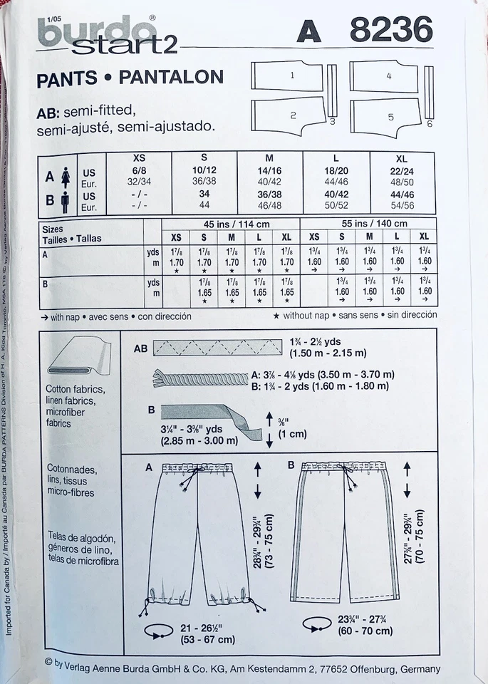 Burda Sewing Pattern 8236 | Easy Shorts & Pants | Unisex XS-XL & S-XL UNCUT - Image 2 of 2