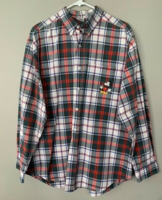 Disney Store Mickey Mouse Button Shirt Plaid Mens Large, needs a button/provided
