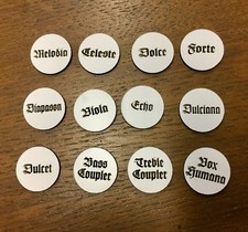 New Pump/Reed Organ Stop Faces, 7/8", Set of 12 , White w/Black Lettering