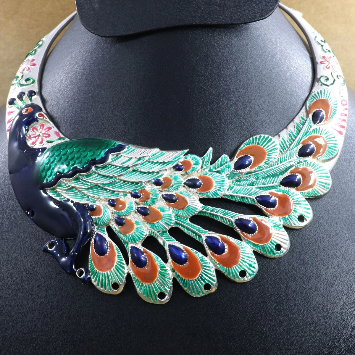 Bohemian Peacock Cuff Necklace Silver Handmade Enamel Peacock